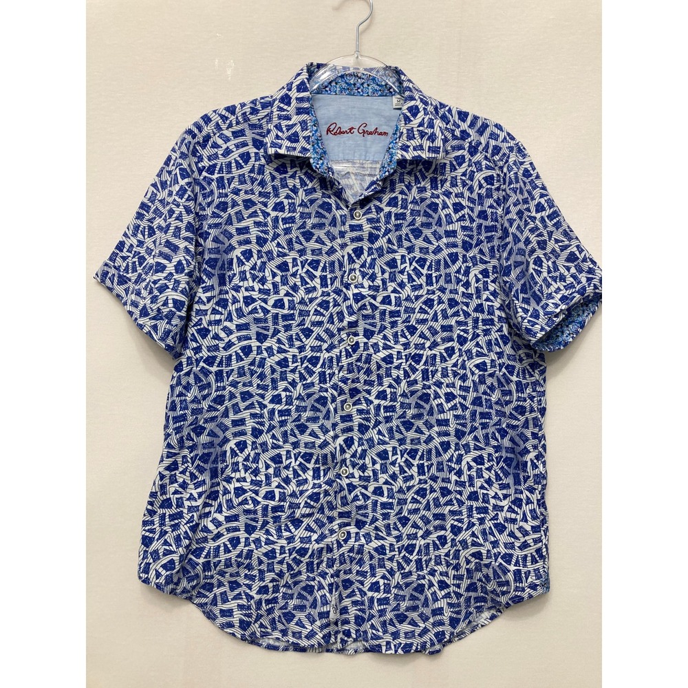Robert Graham Button Down Shirt Medium Blue‎ Abstract Linen Blend Vacation